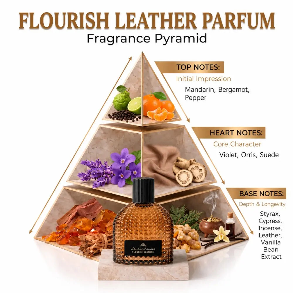 Alrehab Oriental Flourish Leather Parfum fragrance pyramid showing top, heart and base notes.