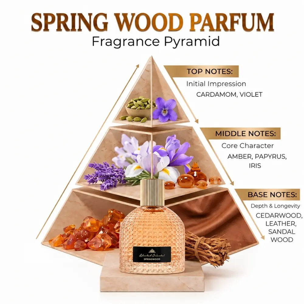 Alrehab Oriental Spring Wood Parfum fragrance pyramid showing top, middle and base notes.