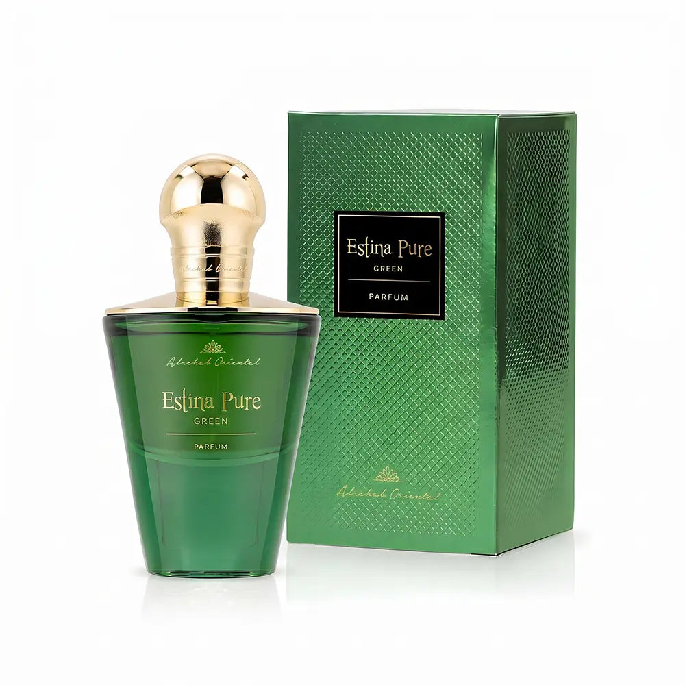 A bottle of Estína Pure Green Parfum next to its textured green box, featuring a gold cap and gold lettering on a white background.