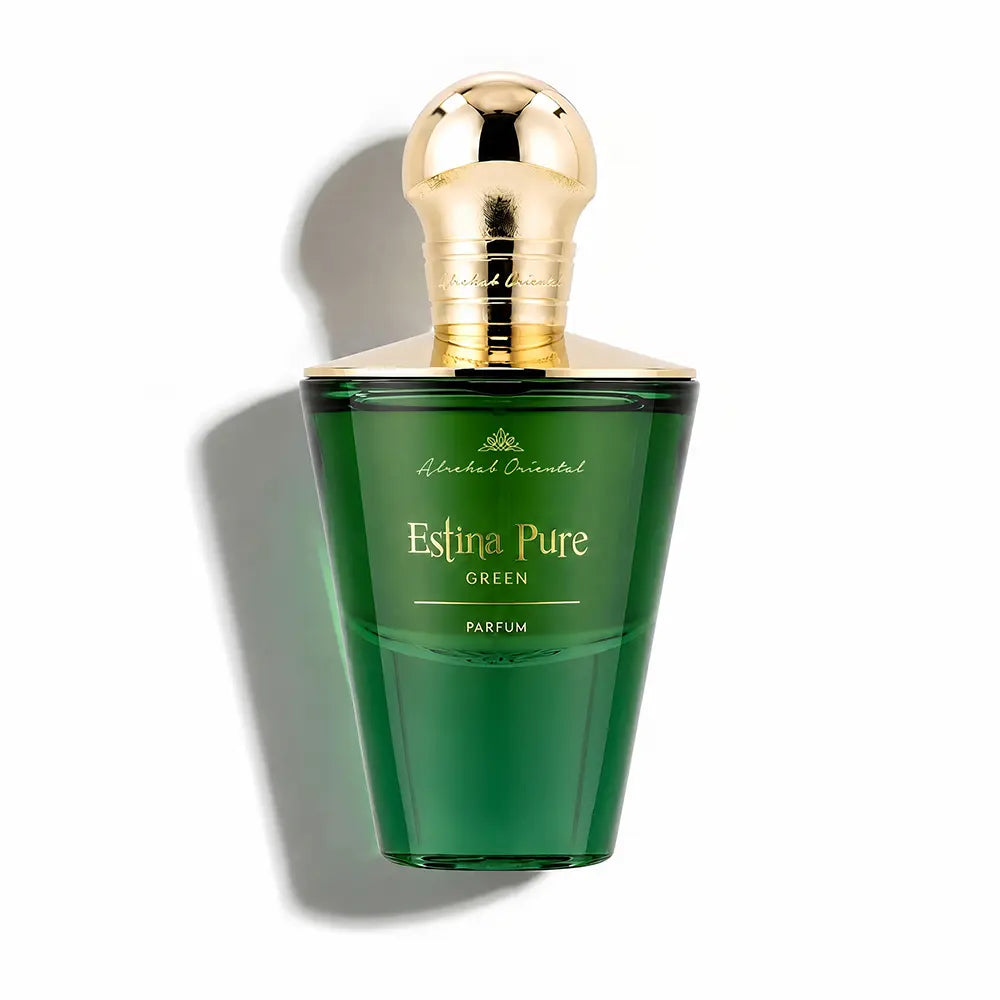 Michel Oriental Estina Pure Green Parfum bottle, featuring a translucent deep green glass body and a shiny gold metallic cap, set against a plain white background with a soft shadow.