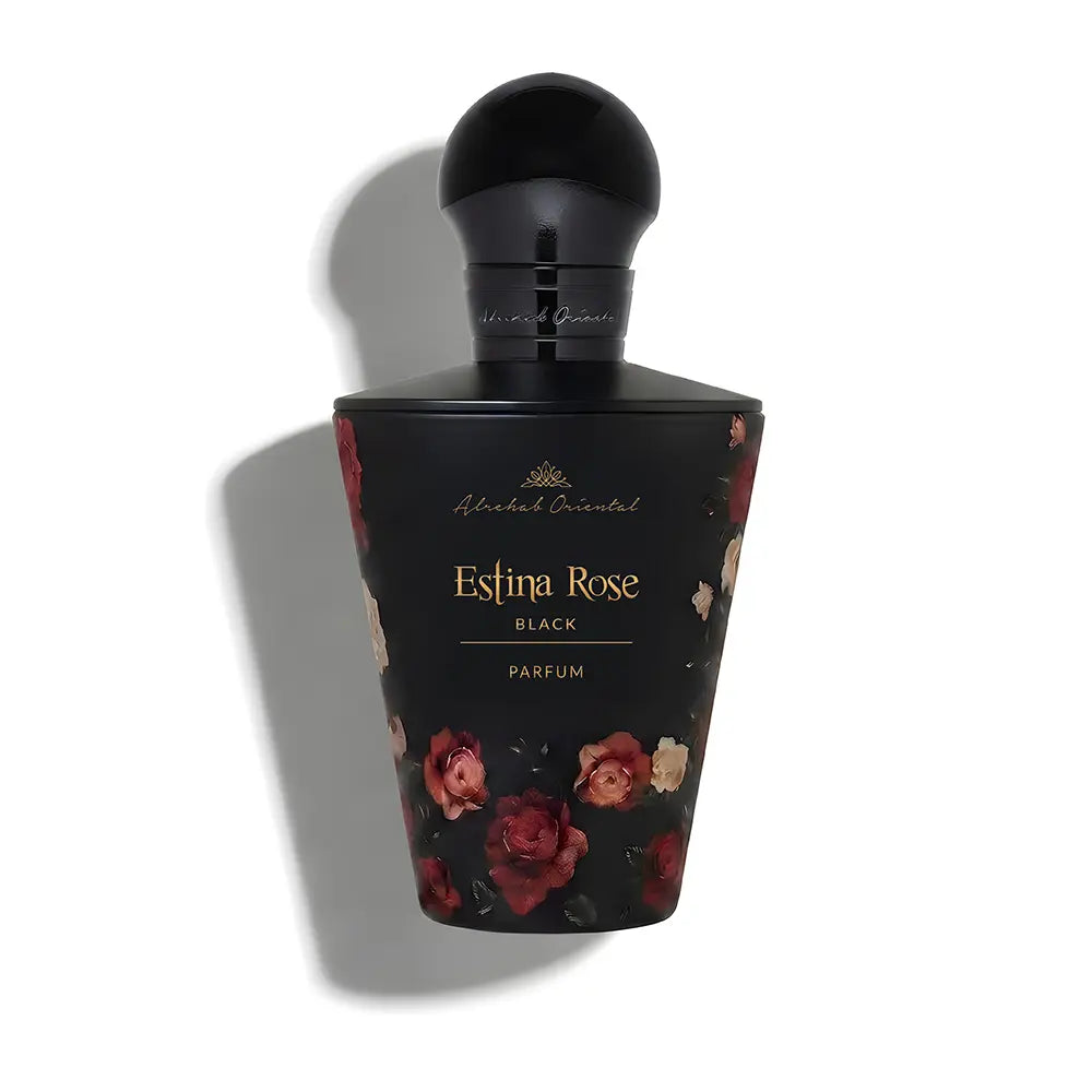 A black perfume bottle labeled 'Esfina Rose BLACK PARFUM' with floral rose illustrations on the lower half, shown on a white background with a soft shadow.