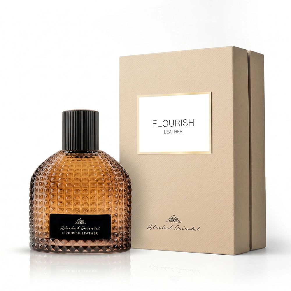 Alberich Oriental 'Flourish Leather' perfume bottle in a textured amber glass with a black cap, displayed next to its beige textured presentation box on a white background.