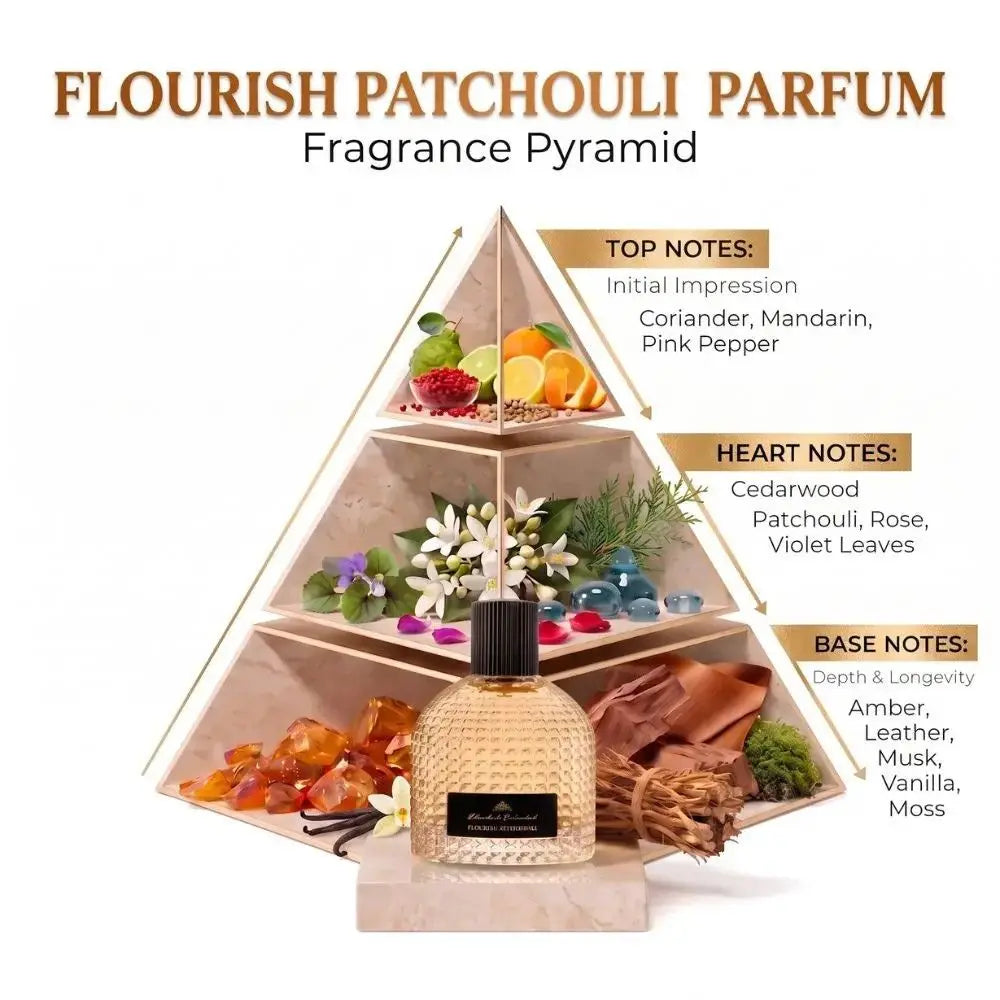 A perfume pyramid labeled 'Flourish Patchouli Parfum' with a bottle in front and text listing top notes, heart notes, and base notes. The pyramid contains illustrated fragrance ingredients such as citrus, flowers, greenery, amber pieces, and leather on a white background.