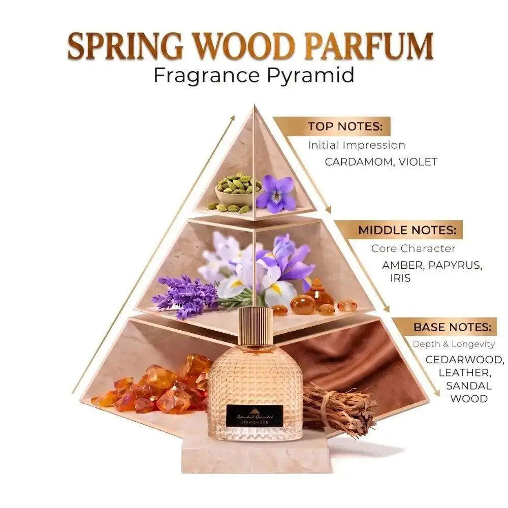 A perfume fragrance pyramid labeled 'SPRING WOOD PARFUM' with a glass perfume bottle on a pedestal in front of a triangular display. The pyramid is divided into top notes, middle notes, and base notes with text listing scents such as cardamom, violet, amber, papyrus, iris, cedarwood, leather, and sandal wood.