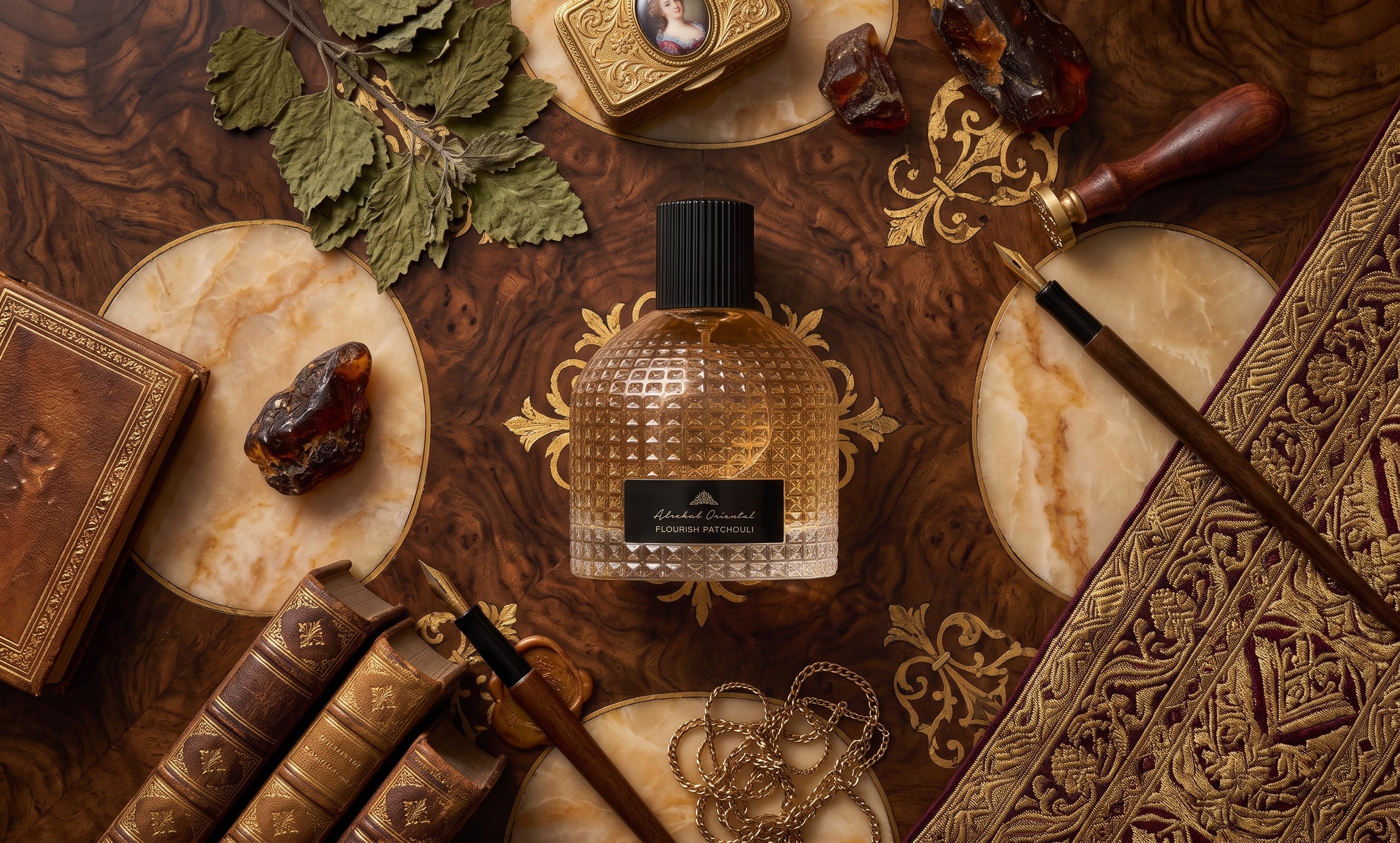 Alrehab Oriental Flourish Patchouli perfume bottle on an elegant vintage wooden background.