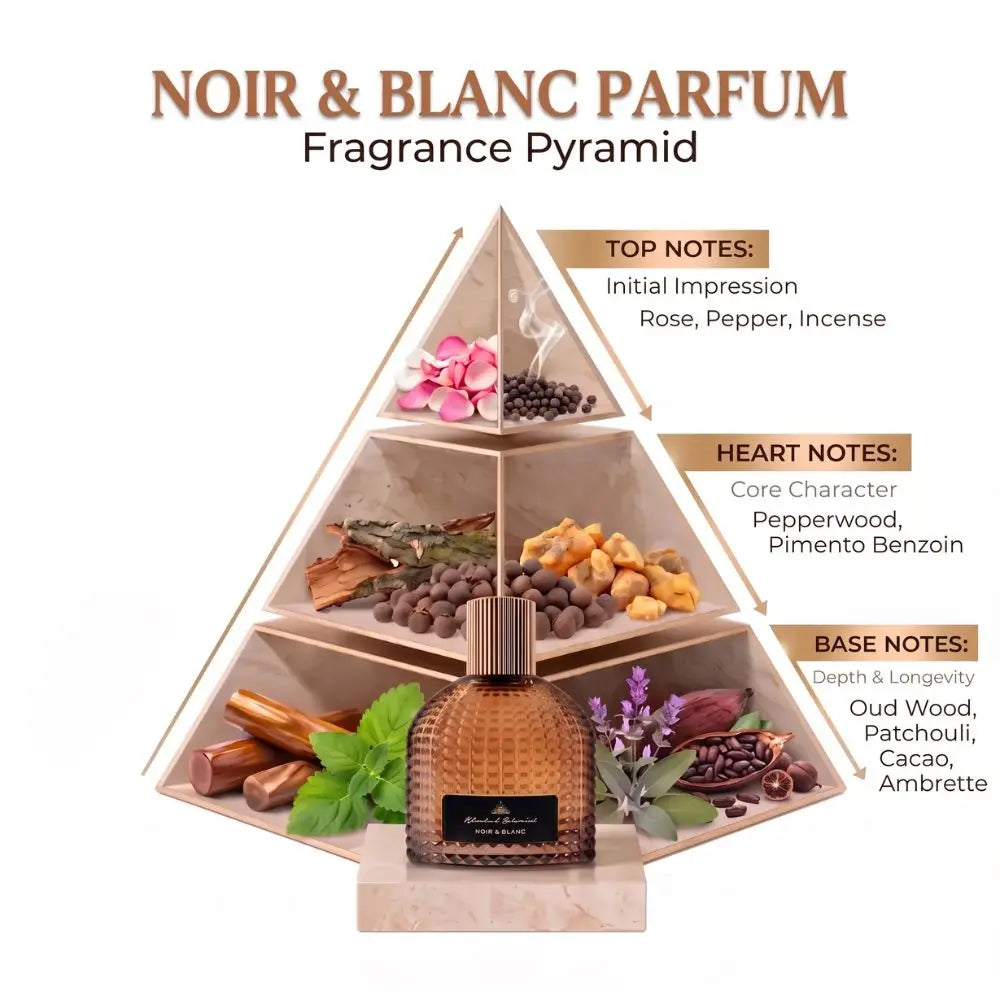 Alrehab Oriental Noir & Blanc Parfum fragrance pyramid showing top, heart and base notes.