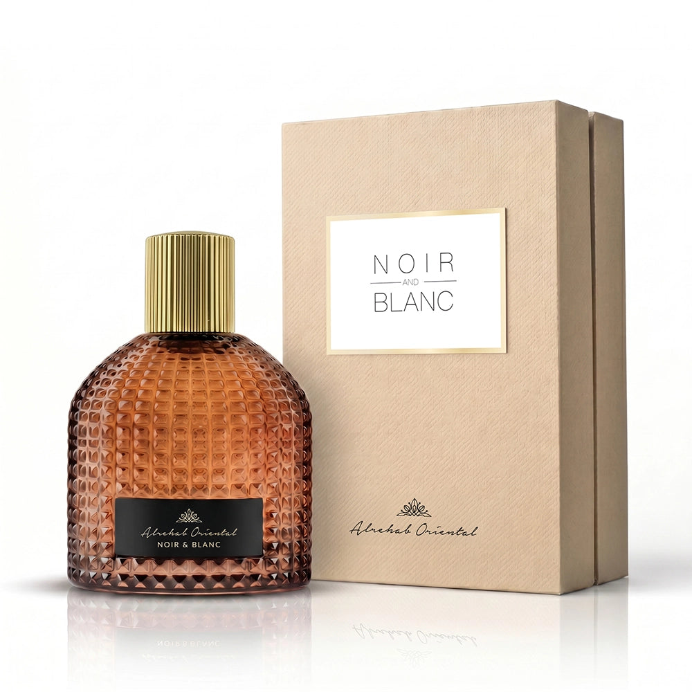 Alrehab Oriental Noir & Blanc perfume bottle with gold cap and beige presentation box on a white background.
