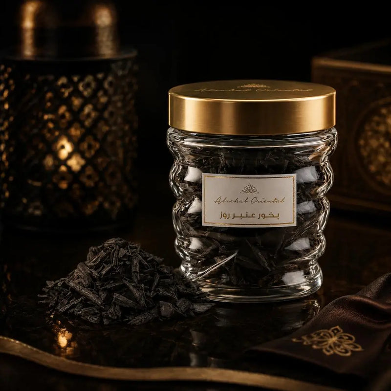 Alrehab Oriental Amber Rose Bakhoor in luxury glass jar with gold lid