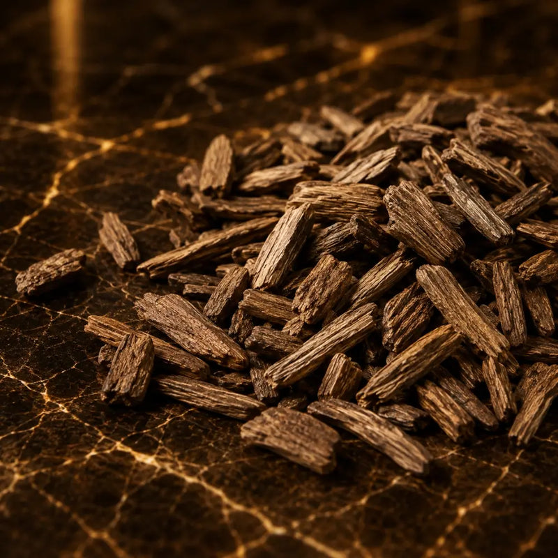A pile of dark brown textured Daqat Moroki pieces arranged on a polished black marble surface with gold veining.