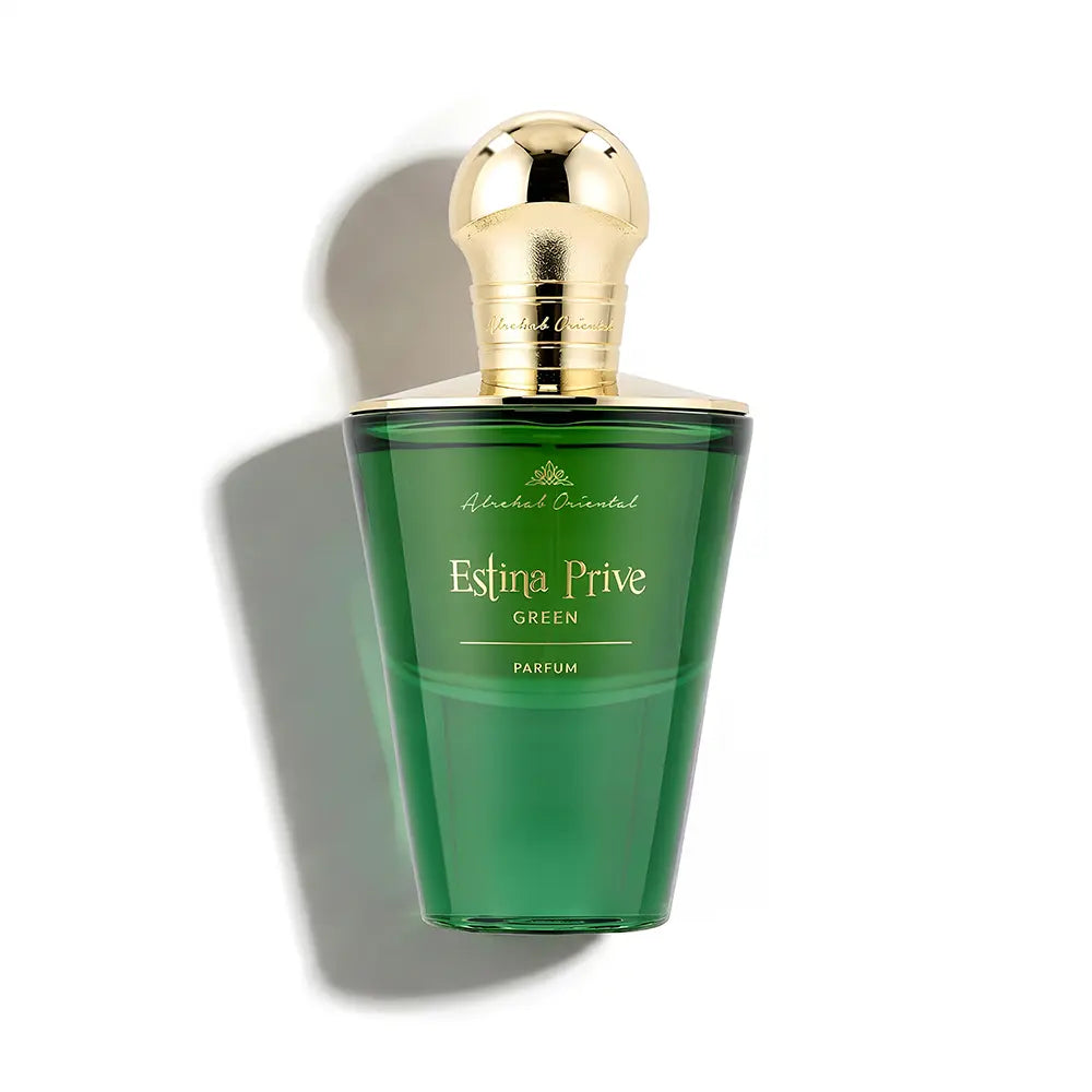 A green glass perfume bottle with a shiny gold cap, labeled 'Estina Prive GREEN', set against a plain white background with a soft shadow.