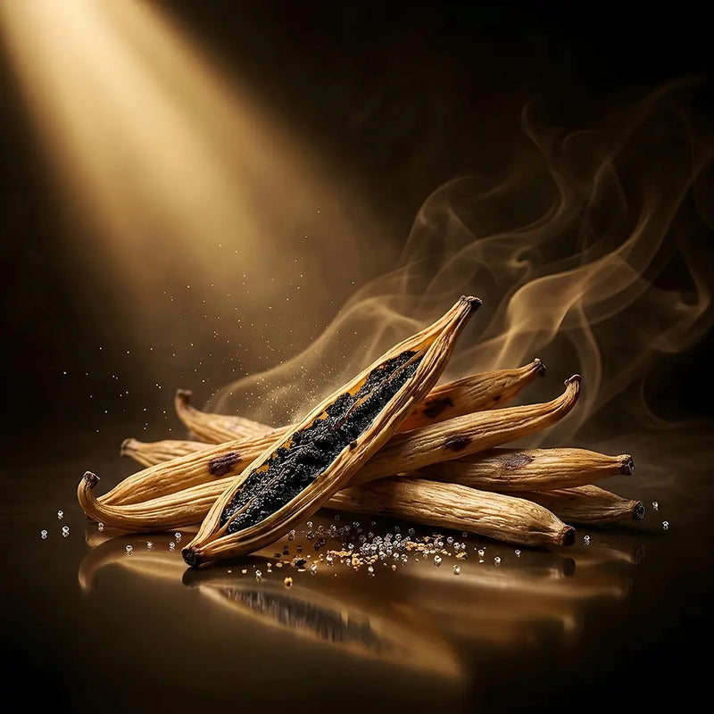 A close-up studio still life of dried seed pods or spices, with one pod open to reveal dark blackened seeds, surrounded by visible steam or smoke on a dark reflective surface.