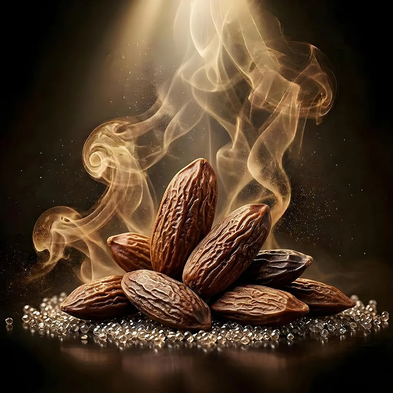 A pile of brown almonds or macadamia-style nuts arranged on a reflective dark surface, with dramatic golden smoke rising behind them against a black background.