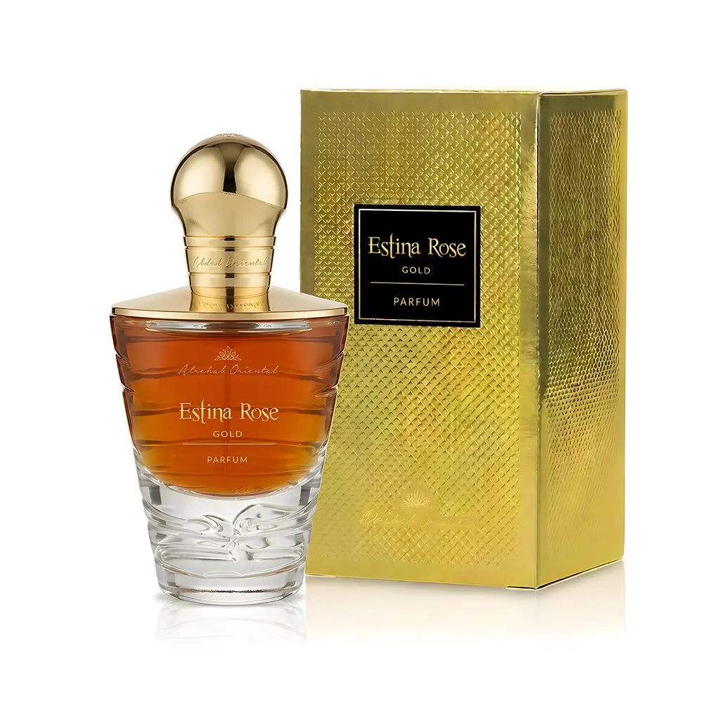 Estina Rose Gold perfume bottle with amber liquid and a gold cap, shown next to its textured gold packaging box on a white background.