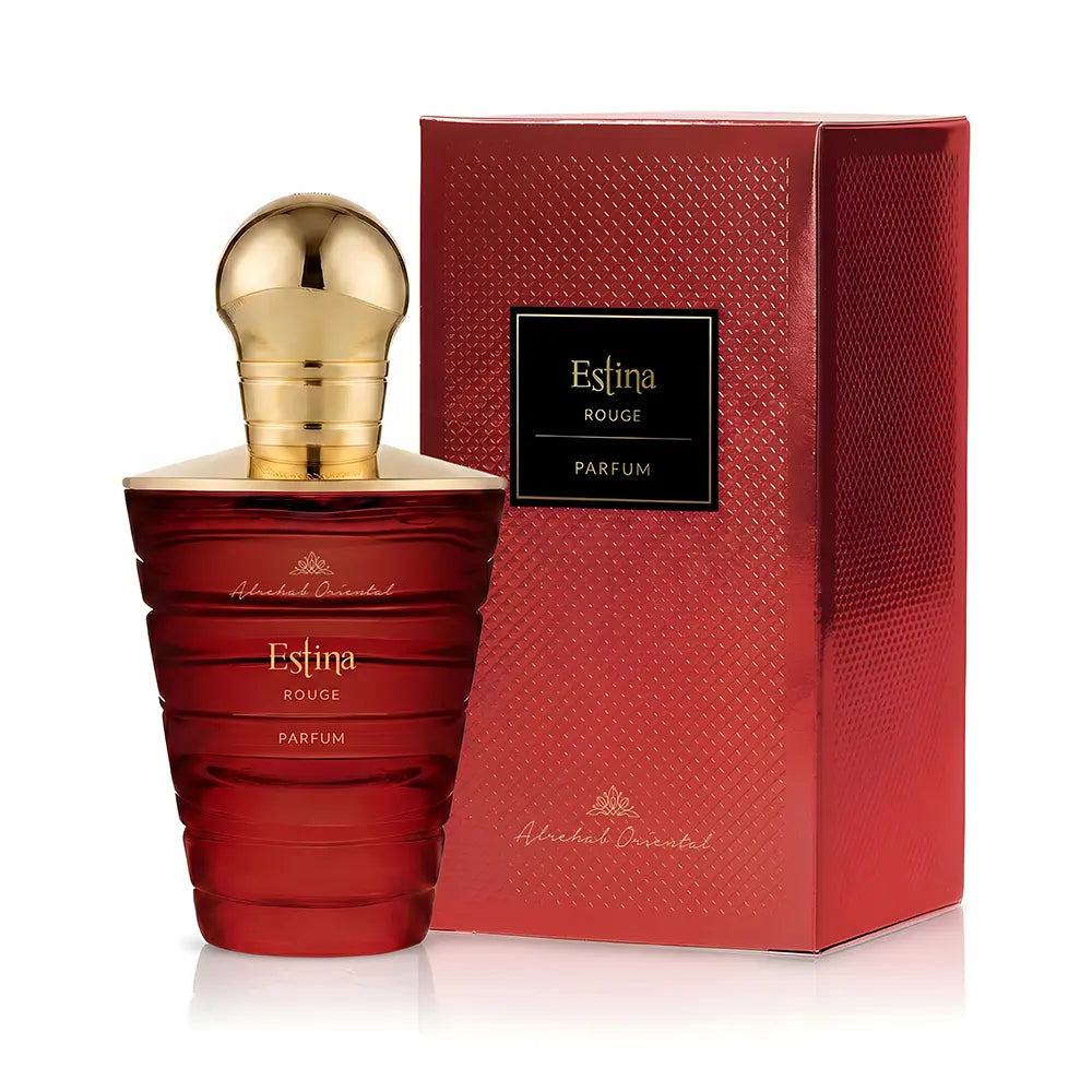 A bottle of Estina Rouge Parfum by Afzal Parfums next to its textured red packaging box, set against a clean white background.