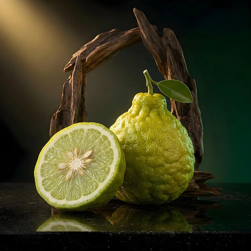 A green, bumpy citrus fruit, likely a burr citrus, shown whole with a cut half revealing the interior seeds, styled with a piece of driftwood on a dark reflective surface.