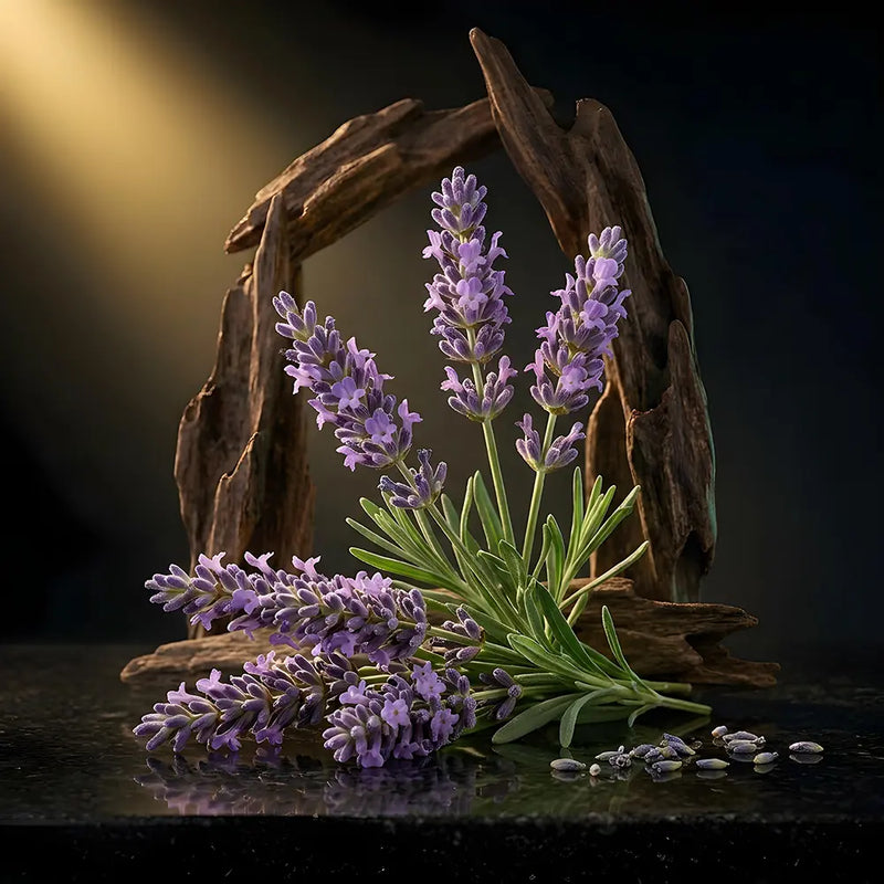 A bouquet of lavender flowers with green stems arranged in front of a rustic driftwood arch on a dark reflective surface, with a few small lavender seeds scattered in front.