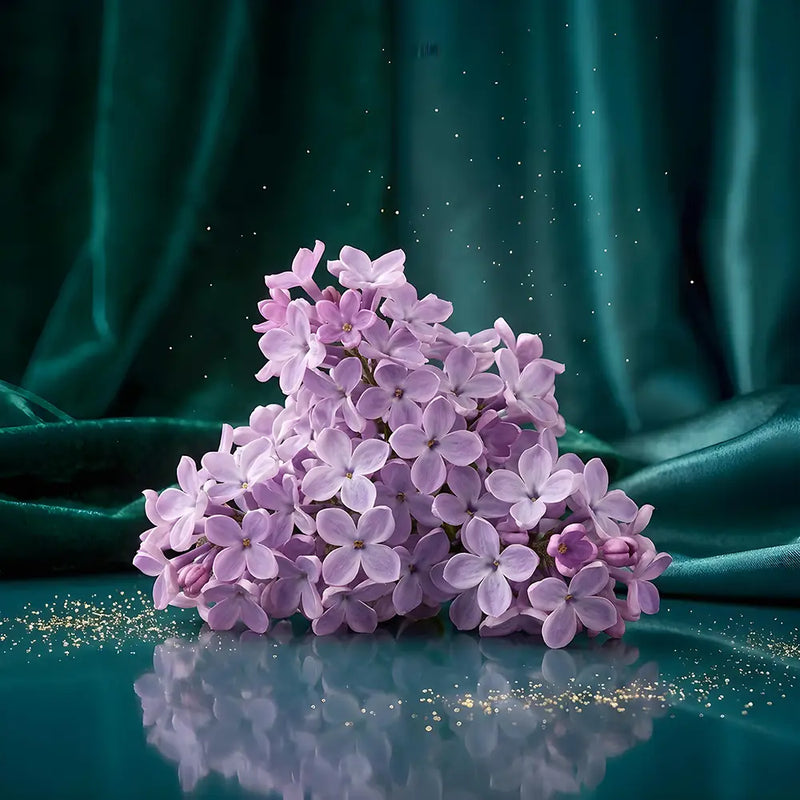 A cluster of light purple lilac flowers arranged on a glossy dark teal surface with a matching fabric backdrop and subtle gold speckles.