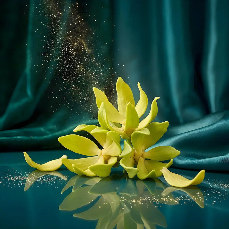 Three pale yellow flowers arranged on a glossy dark teal surface with a matching teal draped fabric backdrop and scattered gold glitter.