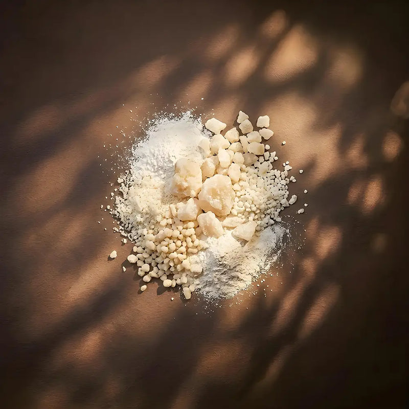 A pile of off-white powder and chunky solid pieces arranged in the center of a dark brown surface with dappled shadows.