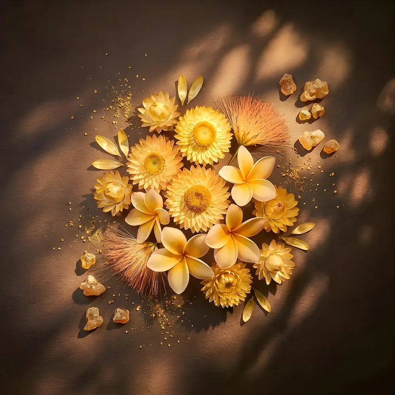 A styled flat-lay of dried flowers and petals arranged in a loose cluster on a dark brown surface with warm sunlight and leaf shadows. The arrangement includes pale yellow plumeria-like flowers, golden-yellow daisy-like blooms, and soft tan/brown feathery accents.
