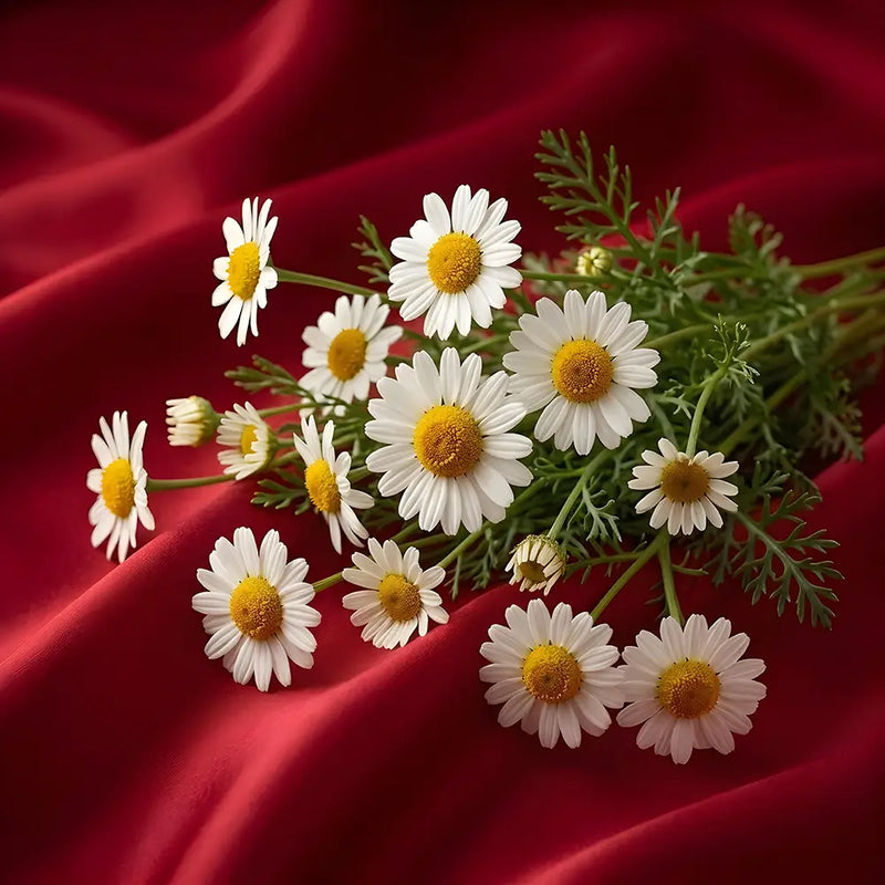 A bouquet of white chamomile or daisy-like flowers with yellow centers and green stems, arranged on draped red satin fabric.