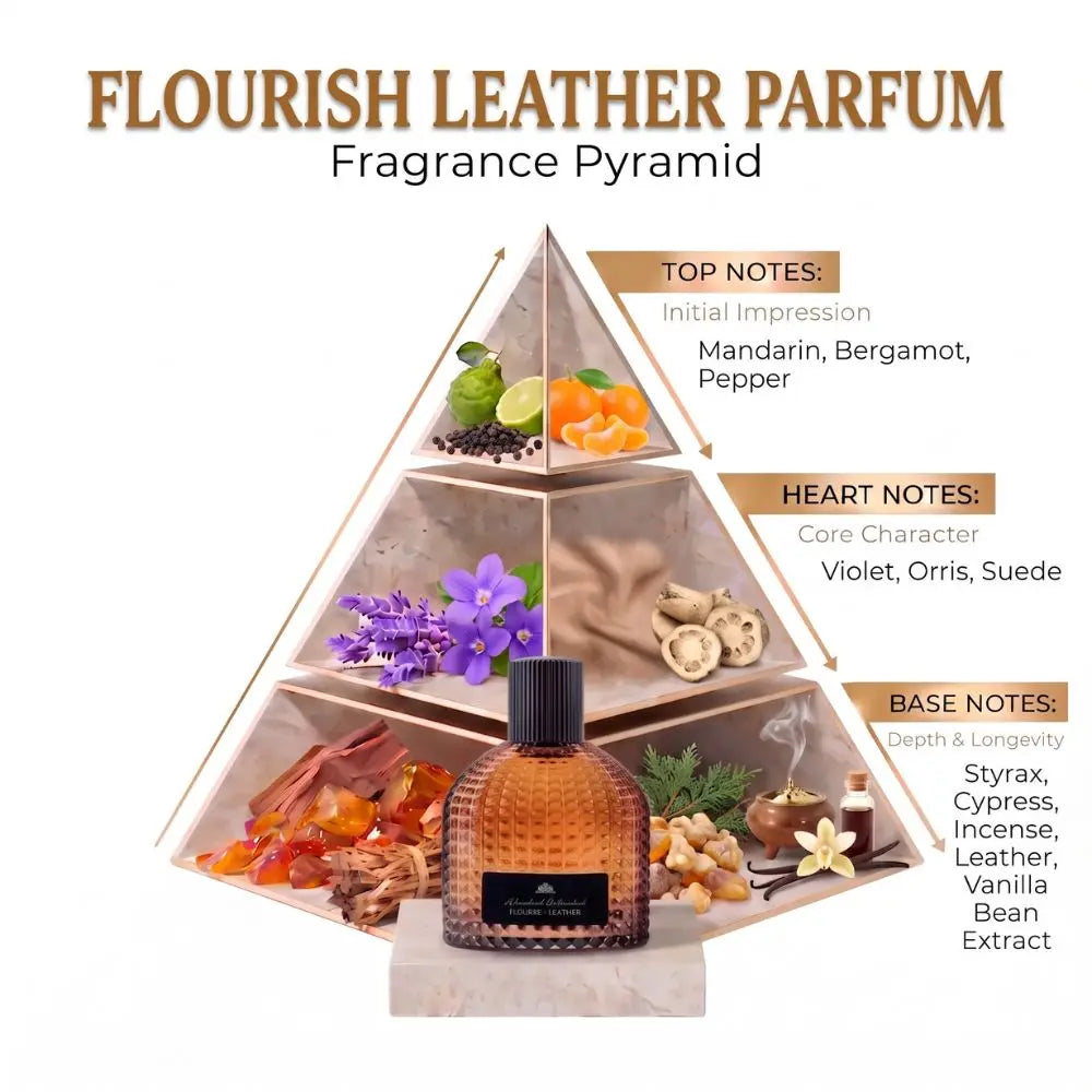 FLOURISH LEATHER PARFUM fragrance pyramid diagram showing an amber glass perfume bottle in front of a layered pyramid of ingredients, with top notes, heart notes, and base notes labeled on a white background.