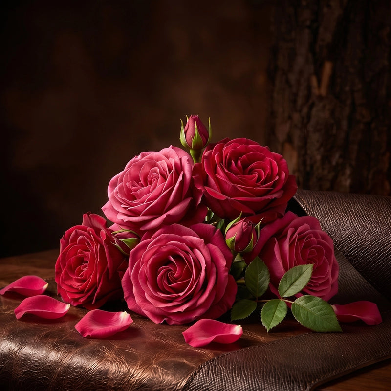 A bouquet of deep pink and red roses with green leaves, arranged on a brown textured surface with scattered rose petals against a dark, moody background.