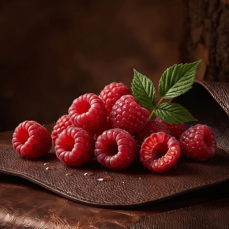 A cluster of fresh red raspberries with green leaves arranged on a dark brown textured surface against a dark brown background.