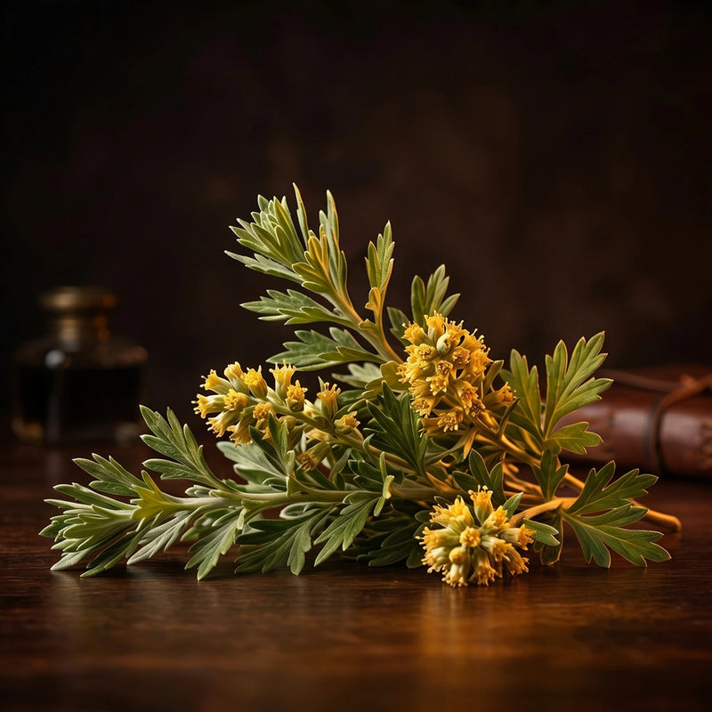A small botanical sprig with green leaves and clusters of yellow flowers resting on a dark wooden surface, with a softly blurred dark background and a rolled brown document behind it.