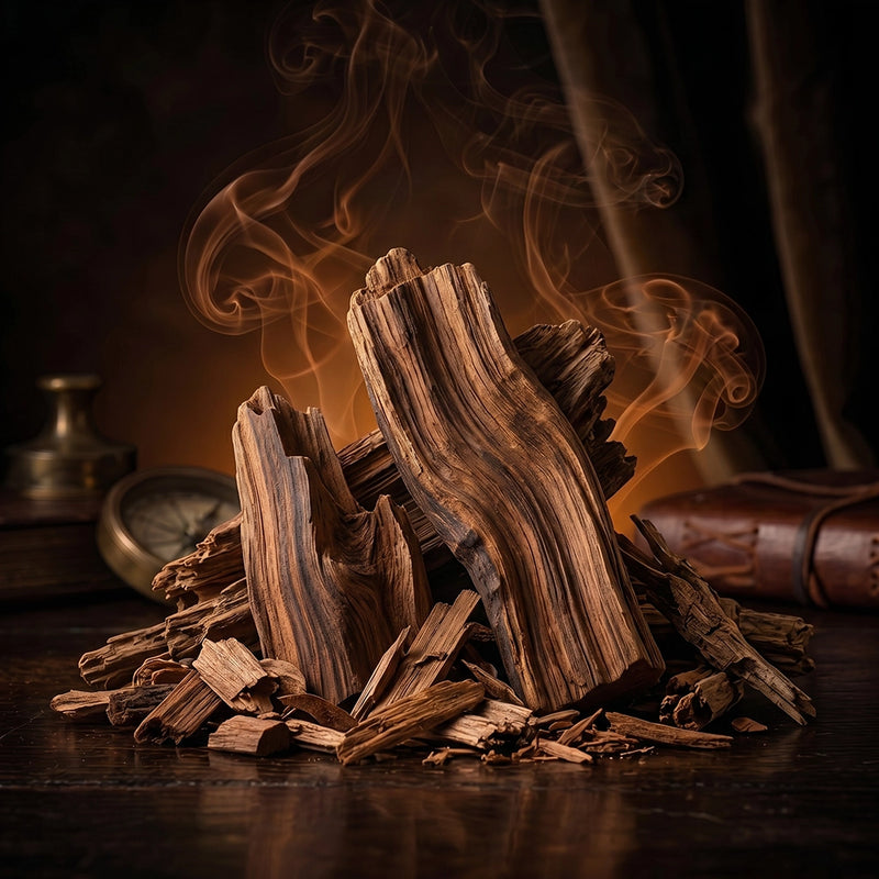A pile of dark brown wood chips and bark pieces arranged on a dark tabletop, with warm orange smoke rising behind them in a moody, rustic setting.