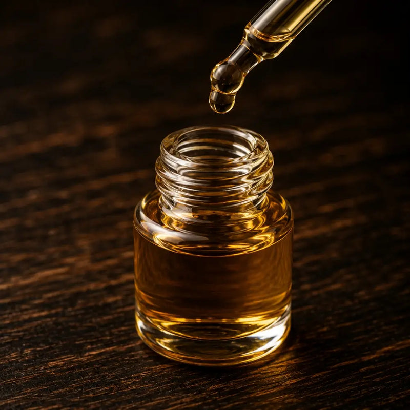 A small clear glass dropper bottle filled with Fragrance Oil sits on a dark wooden surface, with a glass pipette hovering above to drop more of the liquid.