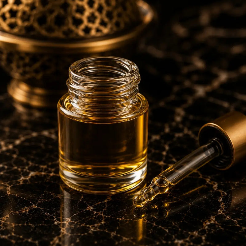 A small clear glass bottle filled with Fragrance Oil, shown with its gold-toned dropper cap resting beside it on a dark marble surface.