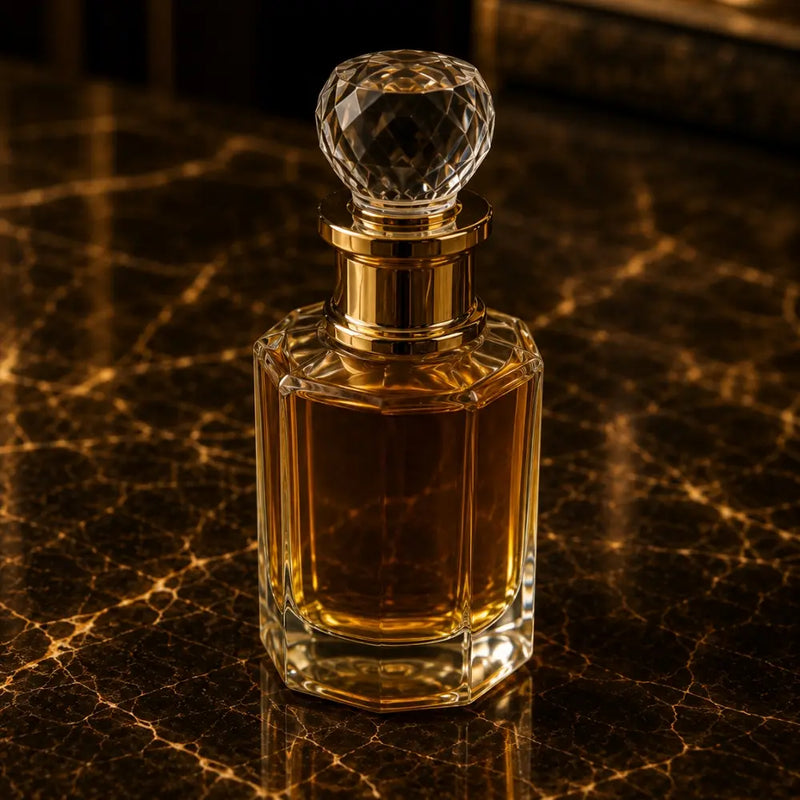 A faceted clear glass perfume bottle with a gold collar and a round crystal stopper, filled with Fragrance Oil, set on a dark marble surface with gold veining.