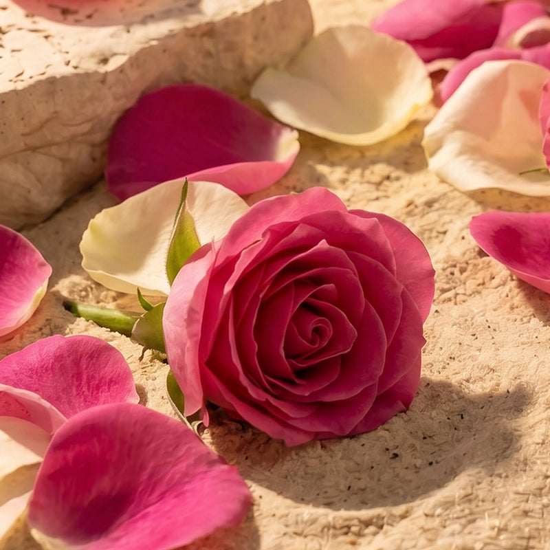 A single pink rose with scattered pink and cream flower petals on a sandy surface.