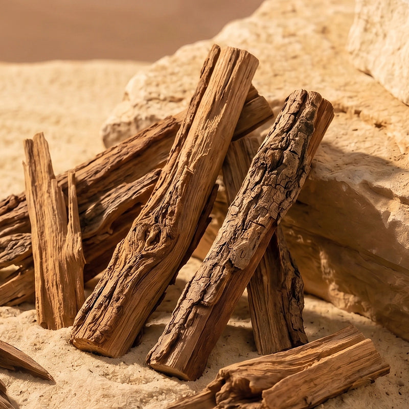 A pile of natural wood fire starter pieces with textured bark and rough grain, arranged on a sandy surface with rocks in the background.