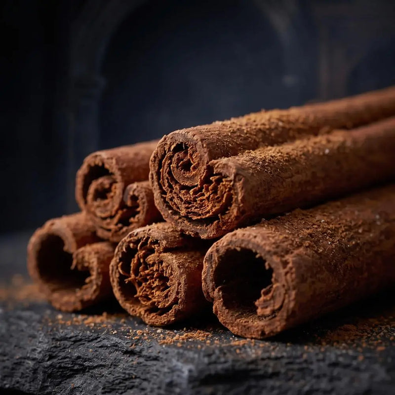 Several brown cinnamon sticks arranged on a dark textured surface with loose cinnamon powder scattered around, photographed in a moody studio setting.
