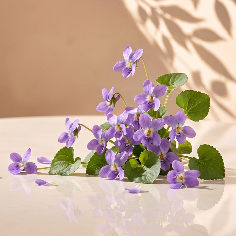 A cluster of purple violas with green leaves arranged on a glossy cream surface, with soft shadows cast across a beige background.