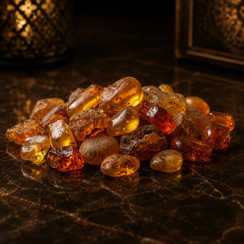 Close-up of golden amber resin pieces on a luxury dark surface