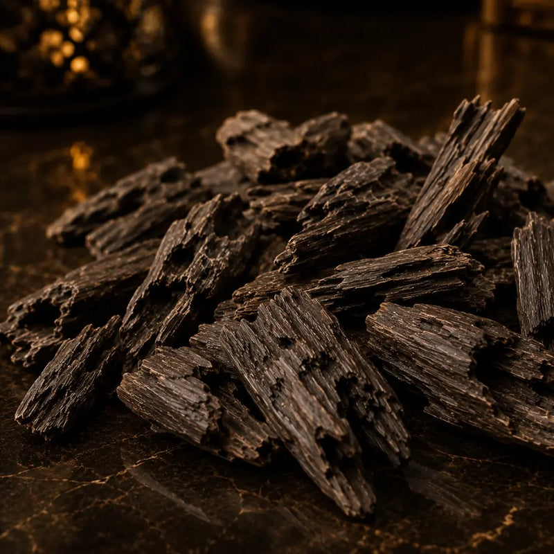 Close-up of premium dark oud wood chips on a luxury black surface