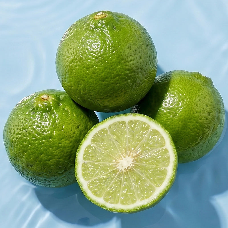 Four green limes on a light blue water-textured background, with one lime cut in half to show the segmented pulp.